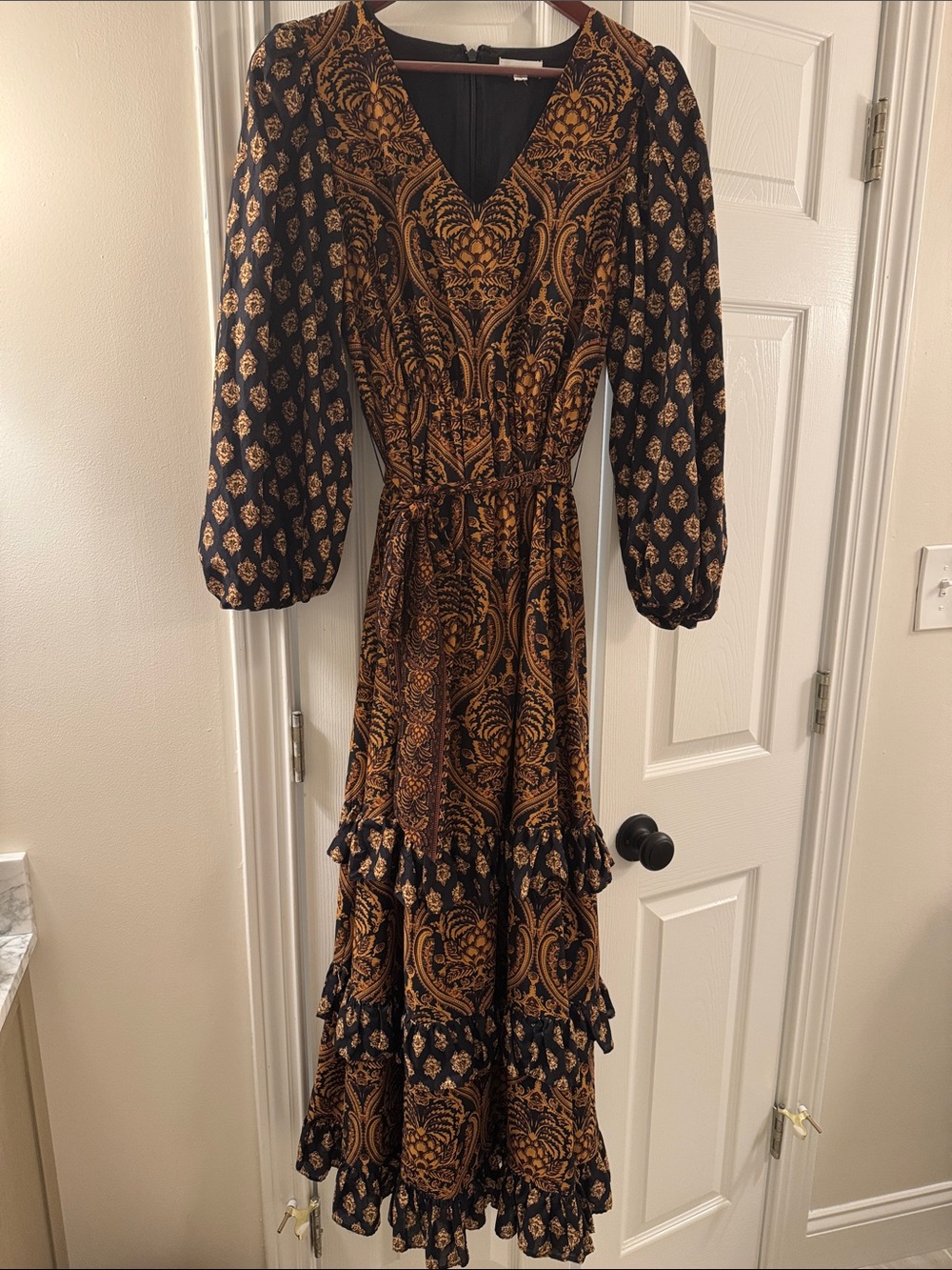Black and Gold Paisley-Print Maxi Dress with Ruffle Tiers